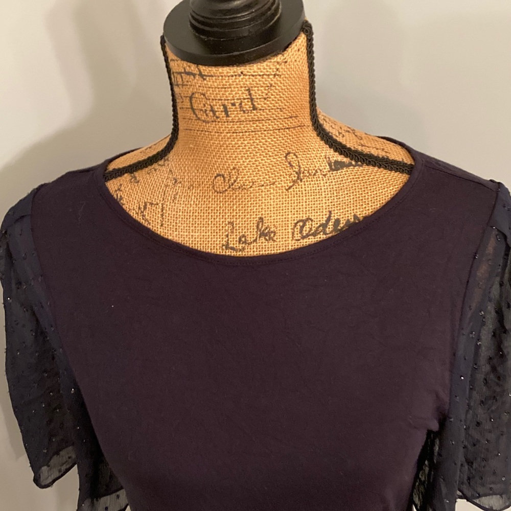 LOFT Dark Blue Blouse with Sheer Sparkly Dot Sleeve Women Size Small - Picture 5 of 11